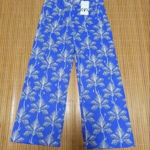 NWT ZARA HIGH WAISTED PALM TREE BLUE PANTS Large Size